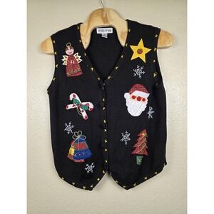 Victoria Woman Sweater Vest Womens 1X Black Holiday Christmas Santa Angel Bells